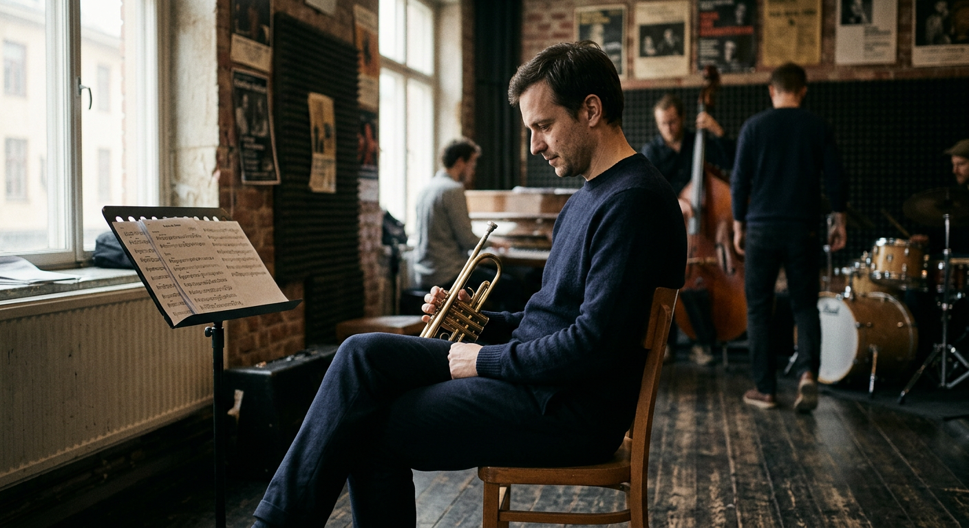 Redaktionell AI-illustration med ett motiv kopplat till 3 sidor av Goran Kajfeš – en ingång till Sveriges jazzliv.