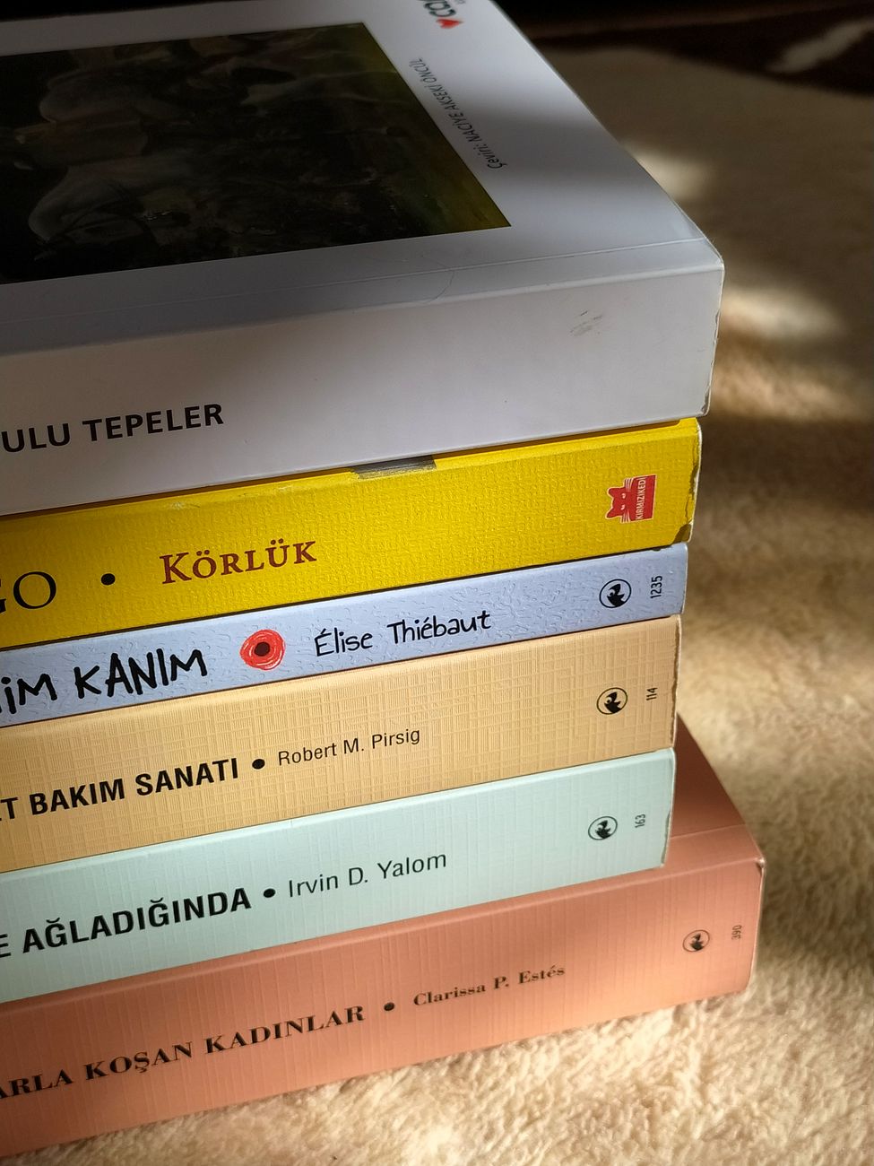 Flera böcker staplade vertikalt där solljuset skapar skuggor på väggen bakom.