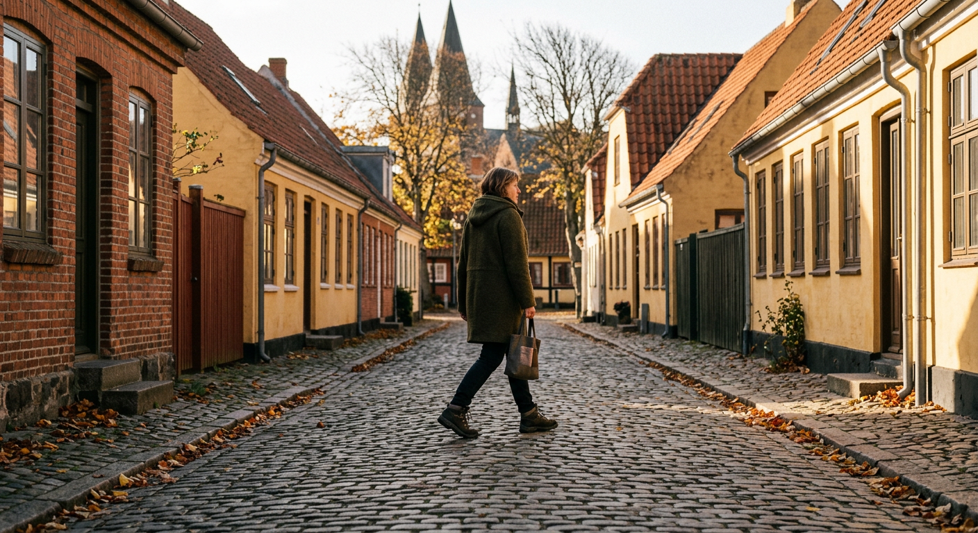 AI-illustration av en höstpromenad längs en kullerstensgata med låga hus i en dansk småstad.