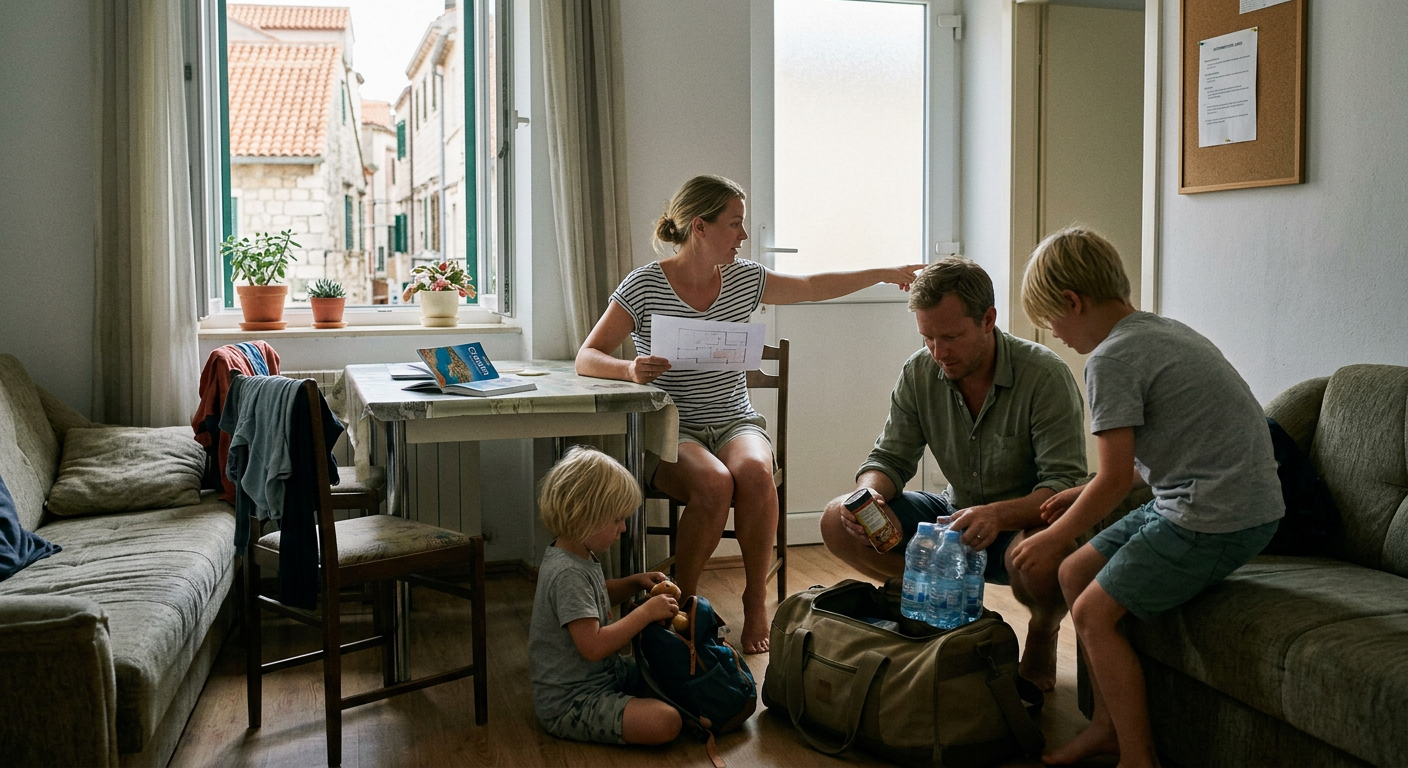 Redaktionell AI-illustration med ett motiv kopplat till Så gör du familjen redo för jordbävningar inför vistelsen i Kroatien.