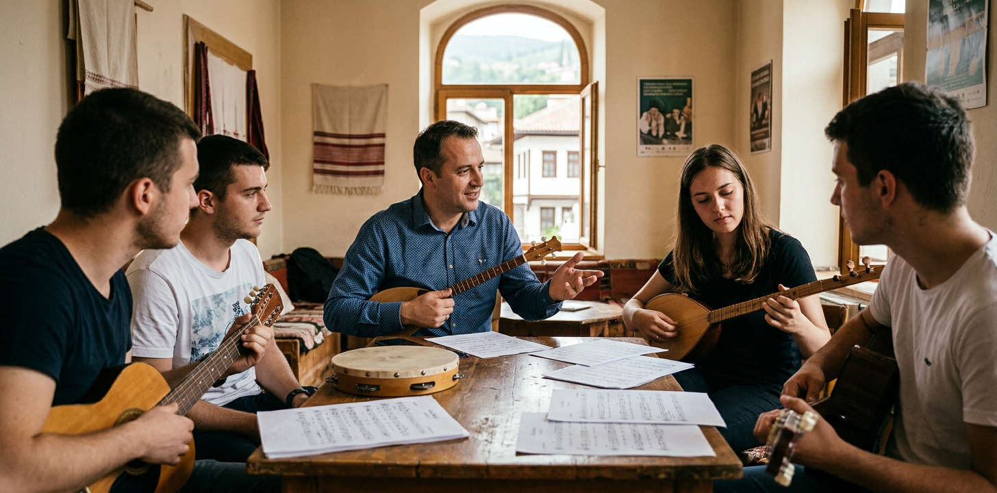 Urednička ilustracija izrađena umjetnom inteligencijom, s motivom povezanim s temom „Sevdah izvan nostalgije – Damir Imamović obnavlja naslijeđe“.